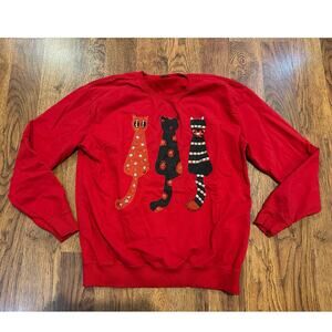 Mint Bejeweled Cat Sweatshirt – Red – Size Large Cozy Statement Pullover